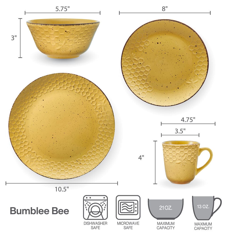 Bumble Bee Yellow 16 Piece Dinnerware Set. Service for 4