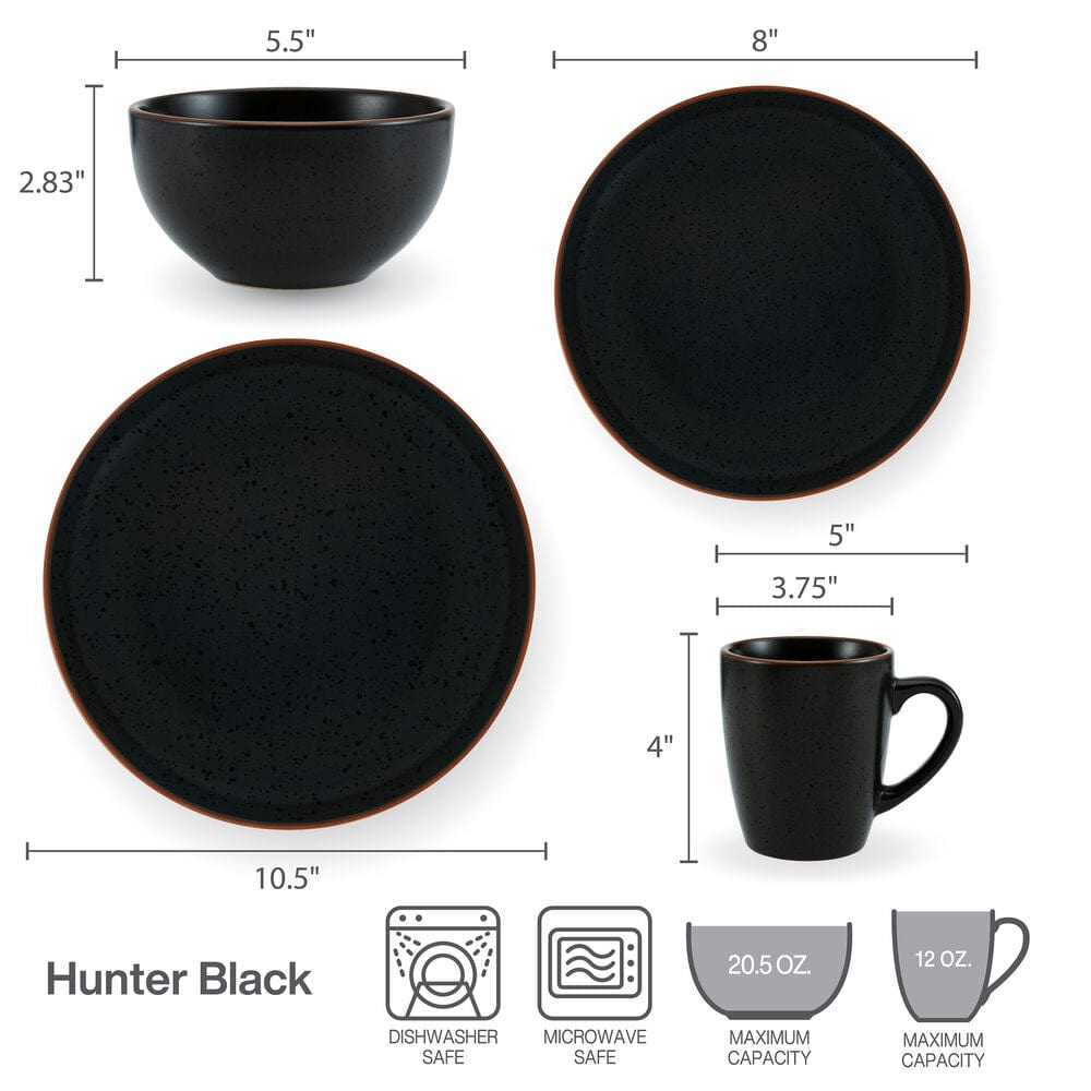 Hunter Black 16 Piece Dinnerware Set. Service for 4