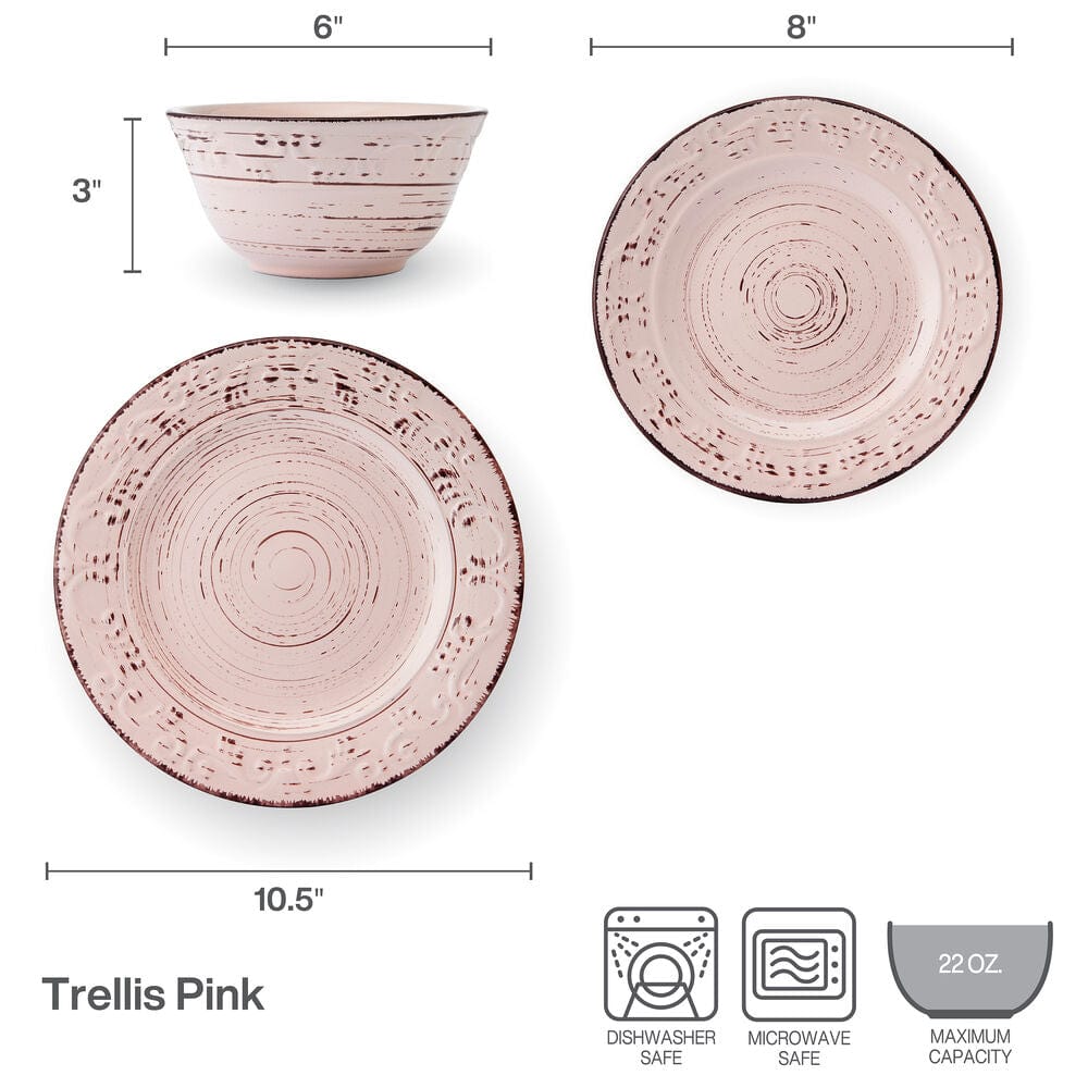 Trellis Pink 12 Piece Dinnerware Set. Service for 4