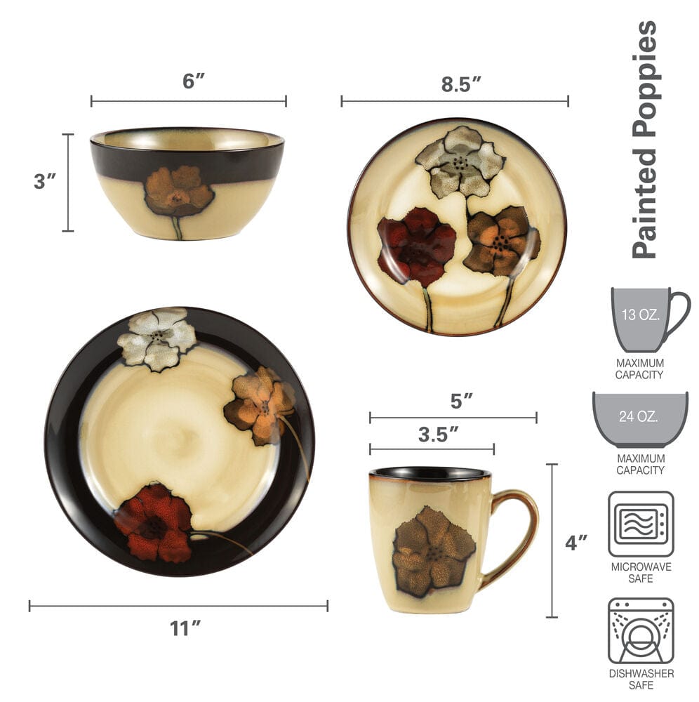 Painted Poppies 16 Piece Dinnerware Set. Service for 4