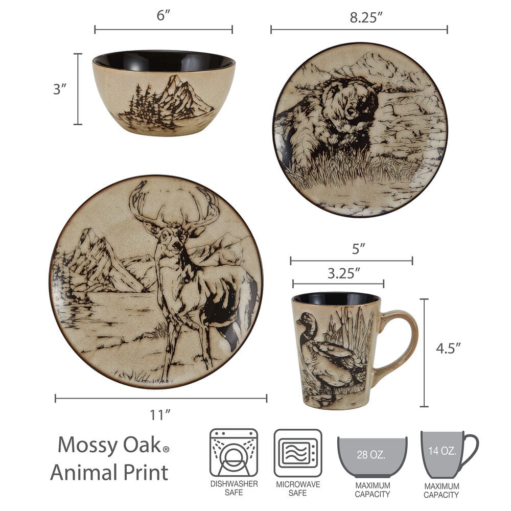 Mossy Oak Animal Print 16 Piece Dinnerware Set. Service for 4