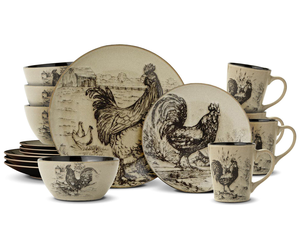 Homespun Rooster 16 Piece Dinnerware Set. Service for 4