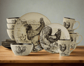 Homespun Rooster 16 Piece Dinnerware Set. Service for 4