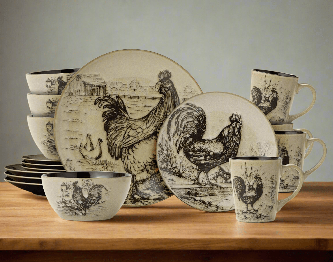 Homespun Rooster 16 Piece Dinnerware Set. Service for 4