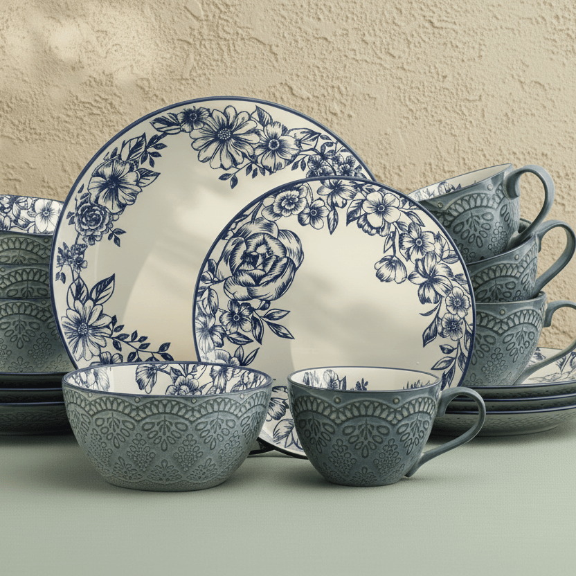 Gabriela Blue 16 Piece Dinnerware Set. Service for 4