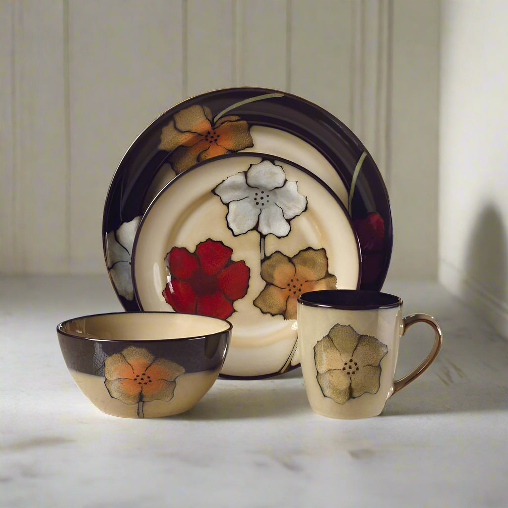 Painted Poppies 16 Piece Dinnerware Set. Service for 4