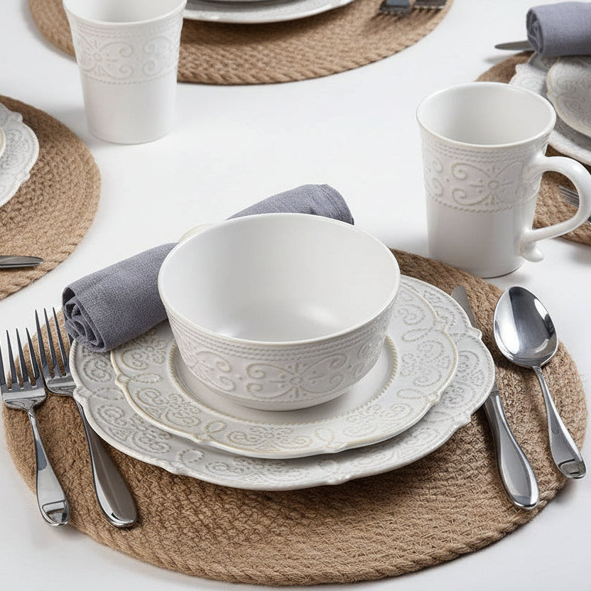 Abby White 16 Piece Dinnerware Set. Service for 4
