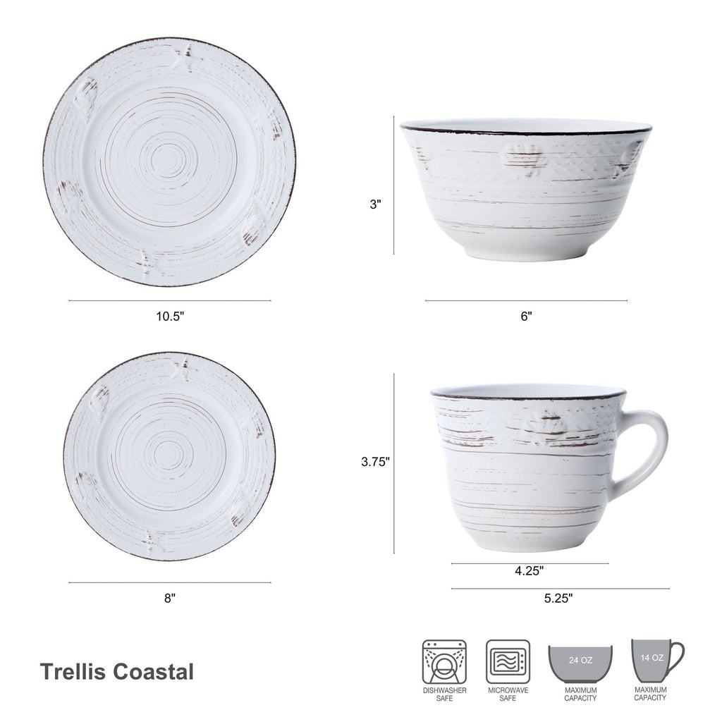 Trellis Coastal White 16 Piece Dinnerware Set. Service for 4