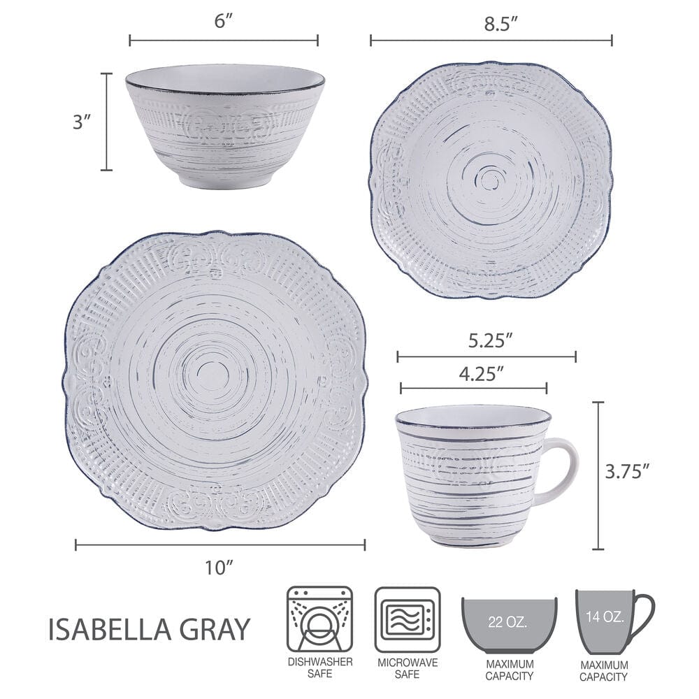 Isabella Gray 16 Piece Dinnerware Set. Service for 4
