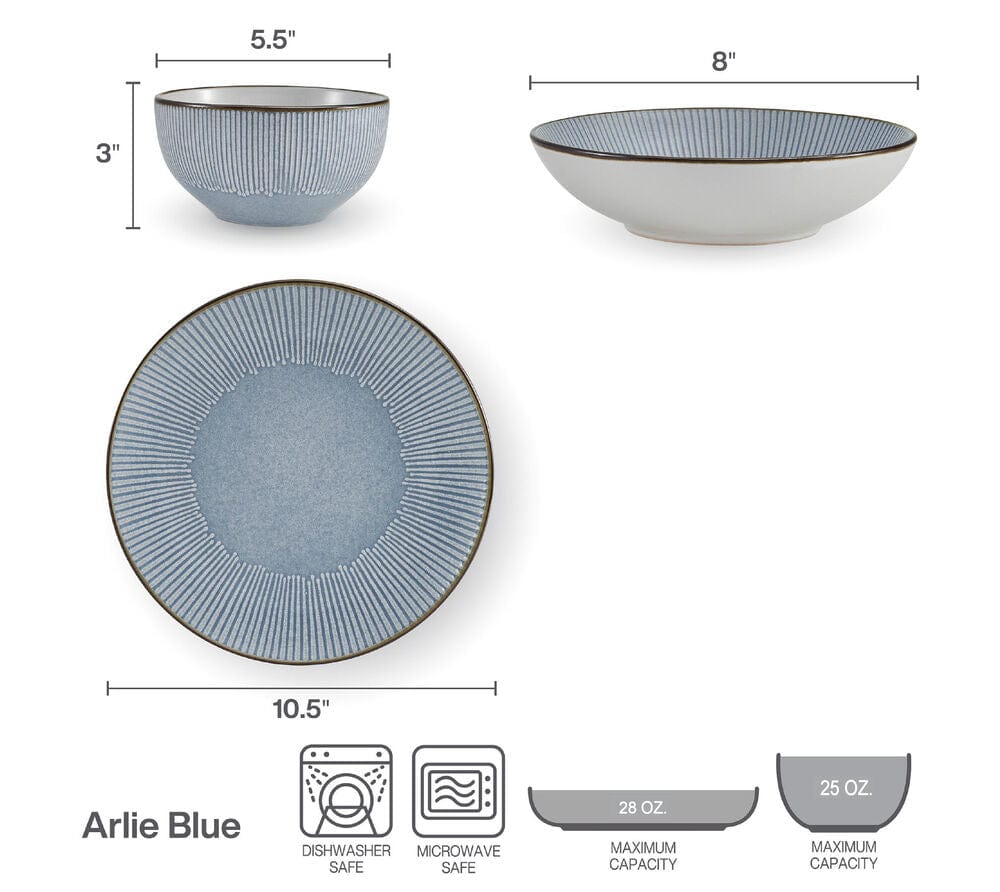 Arlie Blue 12 Piece Pasta Dinnerware Set. Service for 4