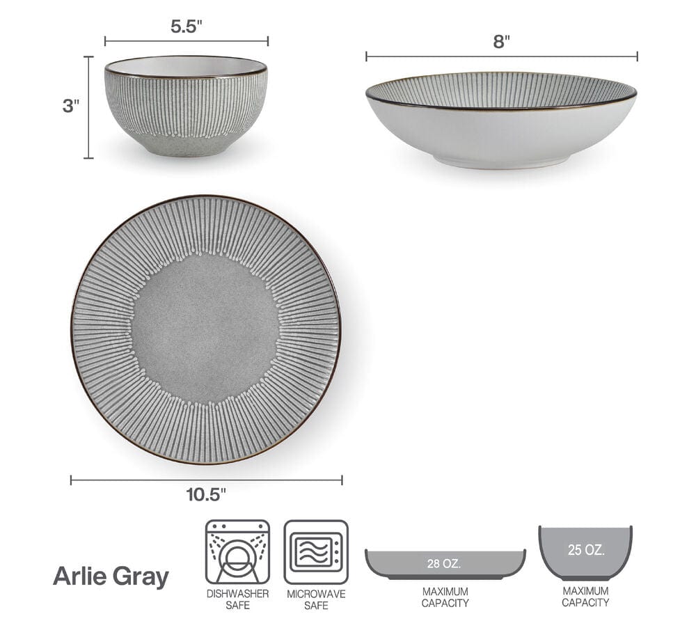 Arlie Gray 12 Piece Pasta Dinnerware Set. Service for 4