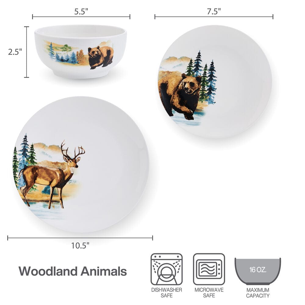 Woodland Animals 12 Piece Dinnerware Set. Service for 4