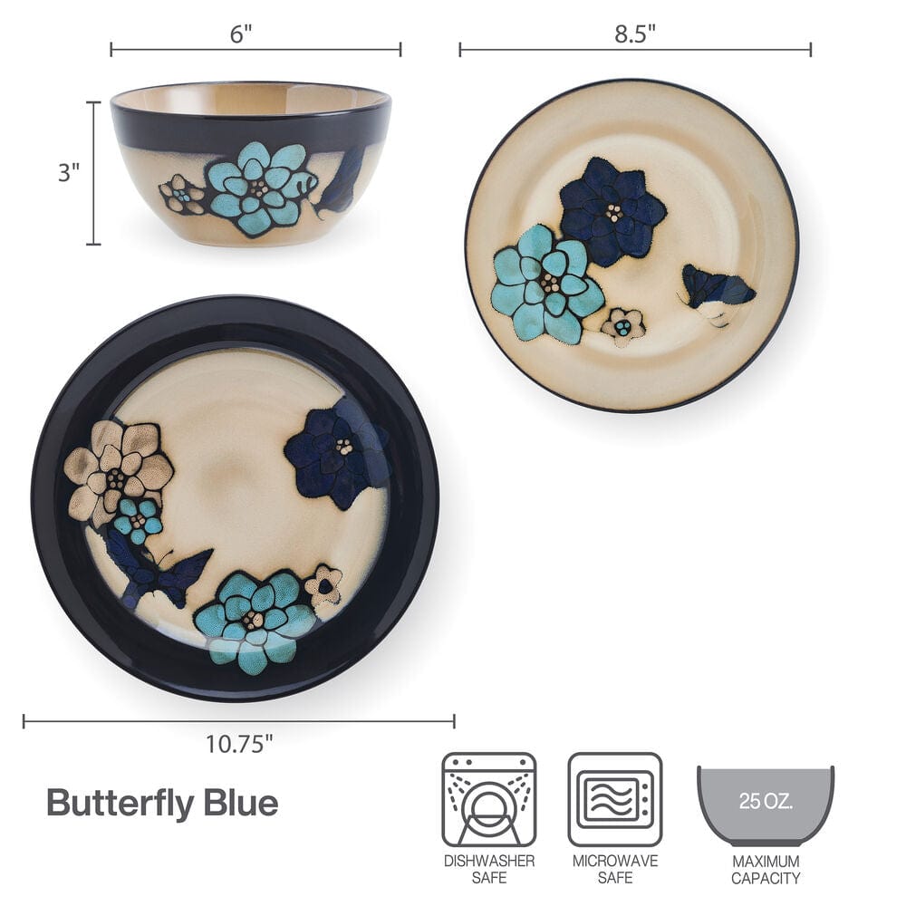 Painted Butterfly Blue 12 Piece Dinnerware Set. Service for 4