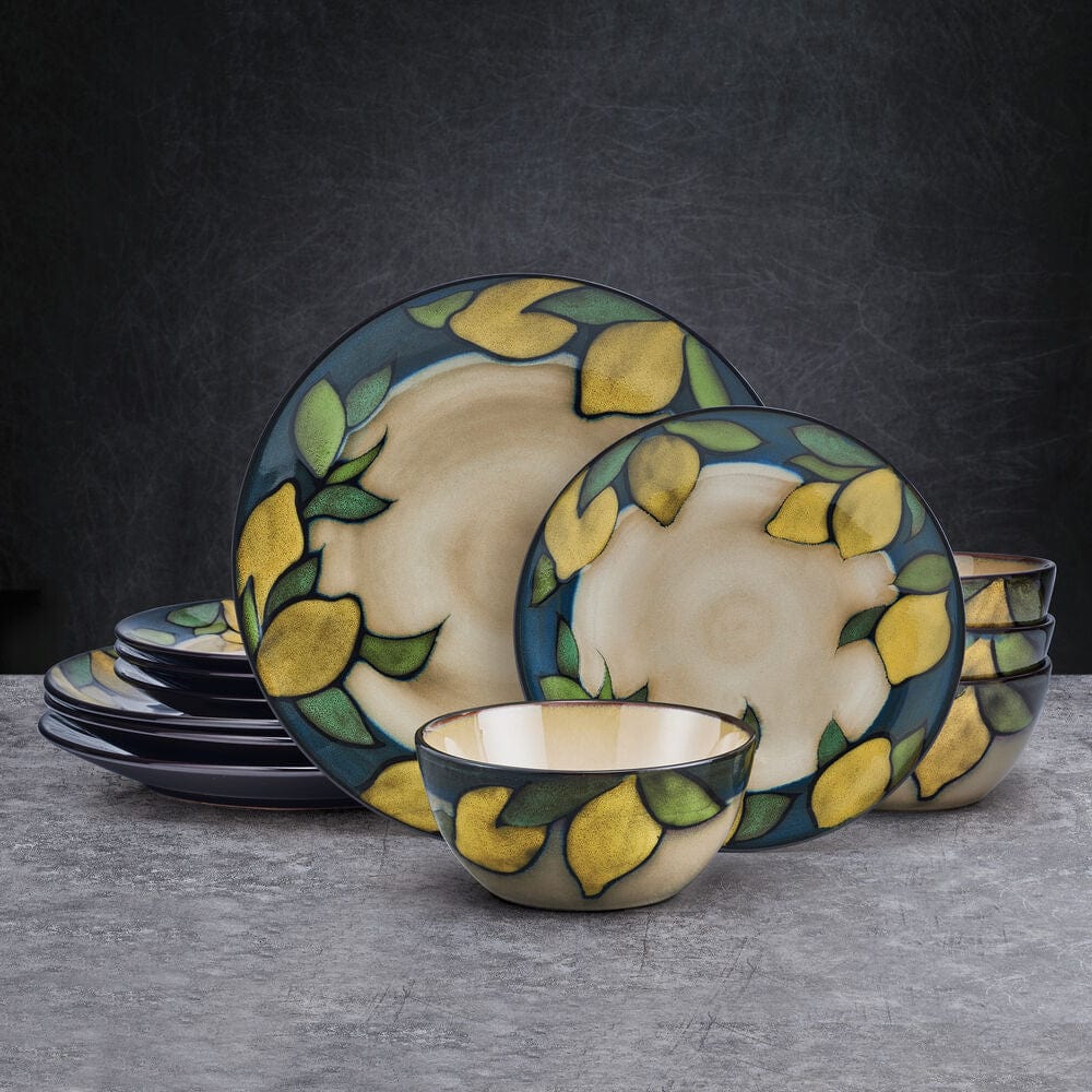Painted Lemons 12 Piece Dinnerware Set. Service for 4