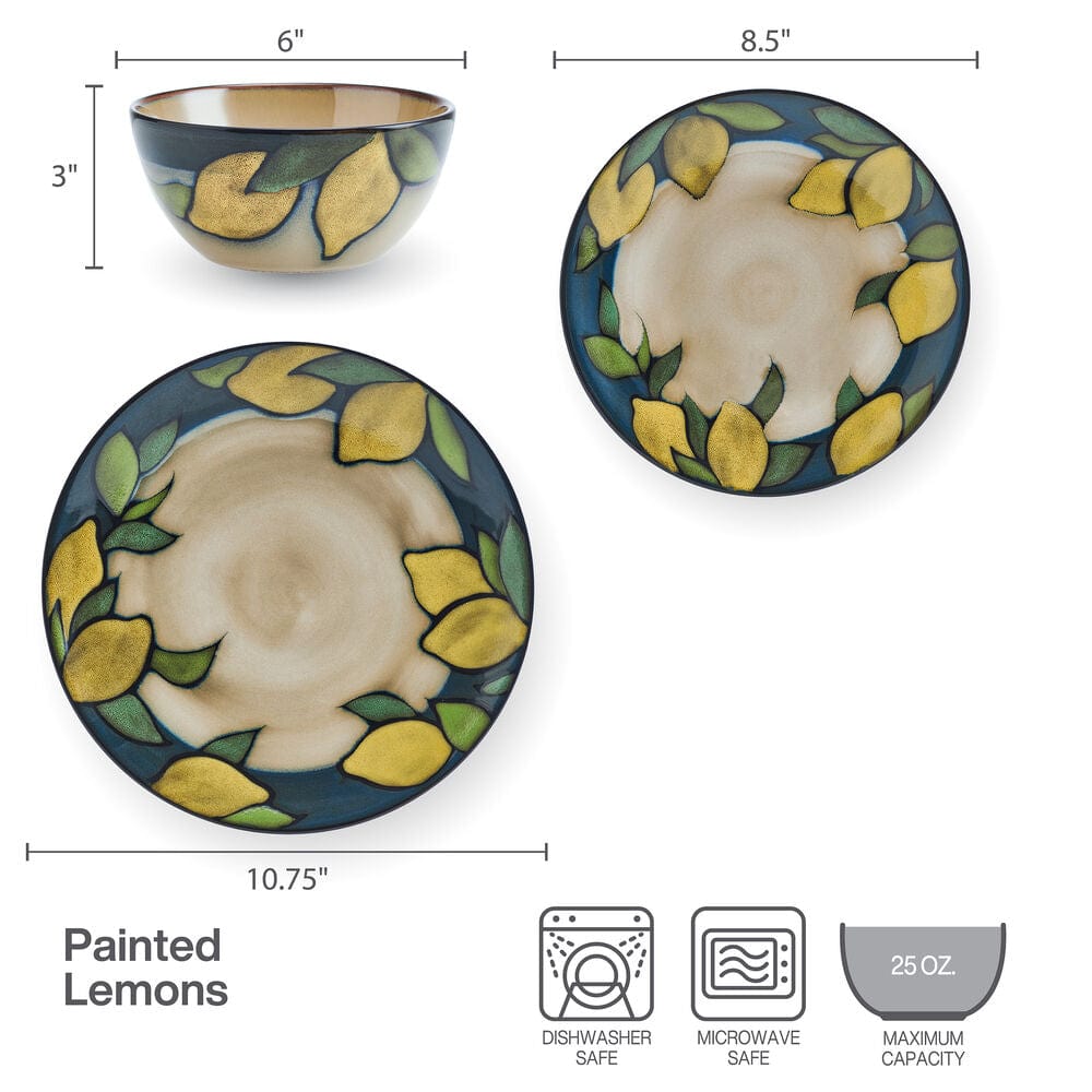 Painted Lemons 12 Piece Dinnerware Set. Service for 4