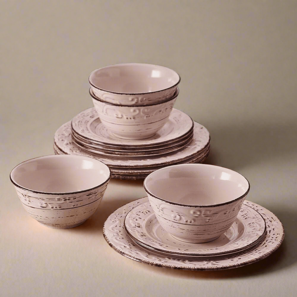Trellis Pink 12 Piece Dinnerware Set. Service for 4