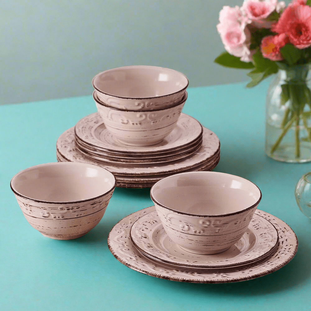 Trellis Pink 12 Piece Dinnerware Set. Service for 4