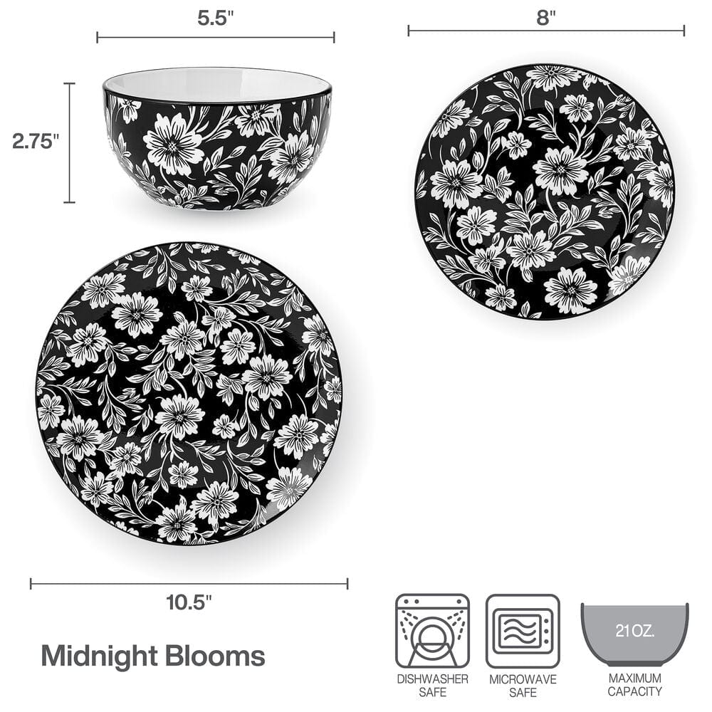 Midnight Blooms 12 Piece Dinnerware Set. Service for 4
