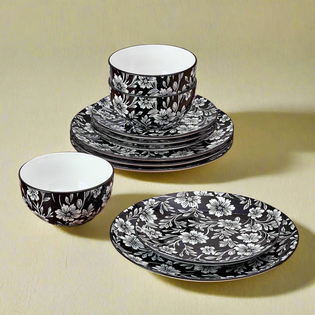 Midnight Blooms 12 Piece Dinnerware Set. Service for 4