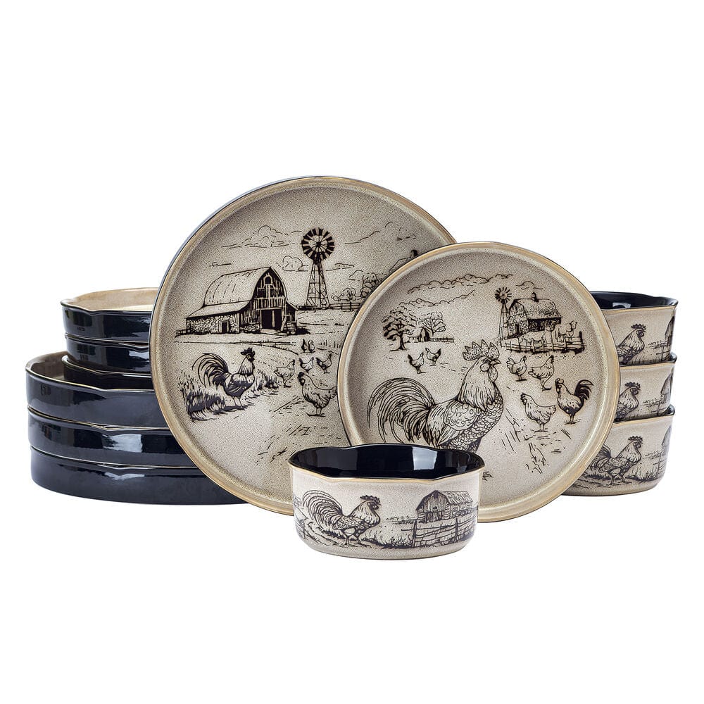 Farmyard Rooster 12 Piece Dinnerware Set. Service for 4