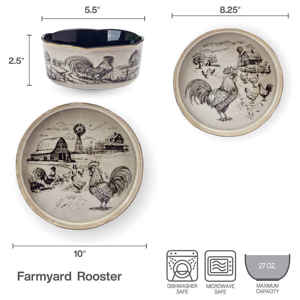 Farmyard Rooster 12 Piece Dinnerware Set. Service for 4
