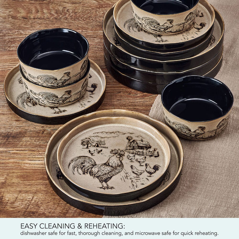 Farmyard Rooster 12 Piece Dinnerware Set. Service for 4
