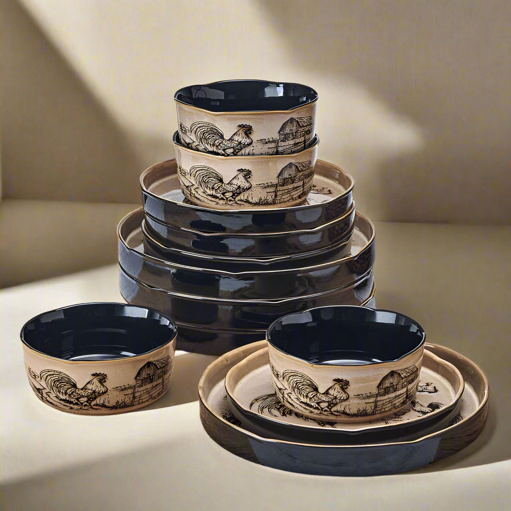 Farmyard Rooster 12 Piece Dinnerware Set. Service for 4