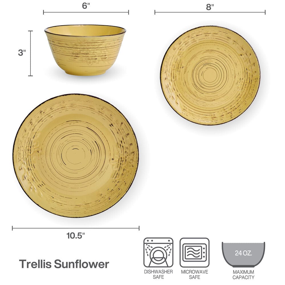 Trellis Sunflower 12 Piece Dinnerware Set. Service for 4