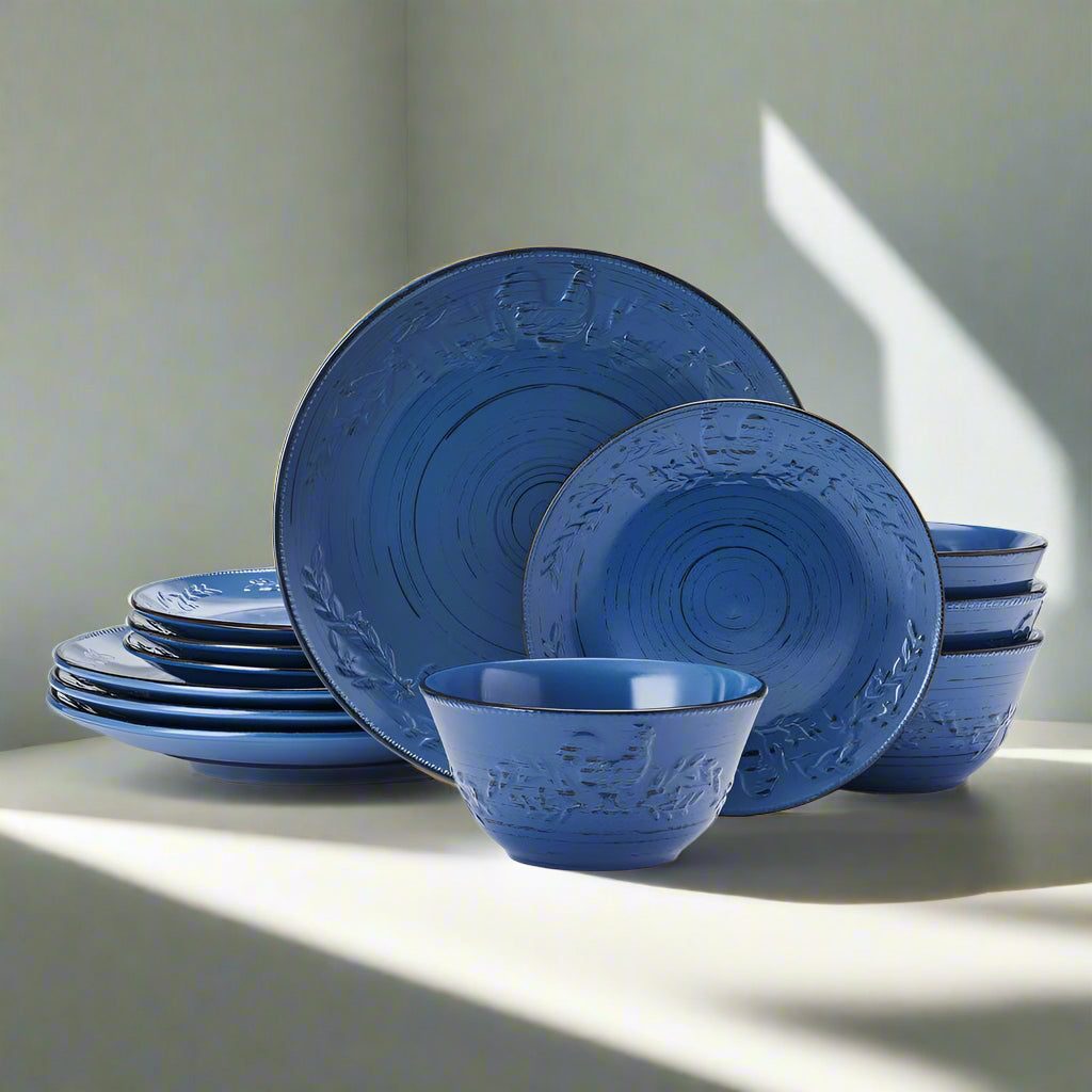 Trellis Rooster Blue 12 Piece Set. Service for 4
