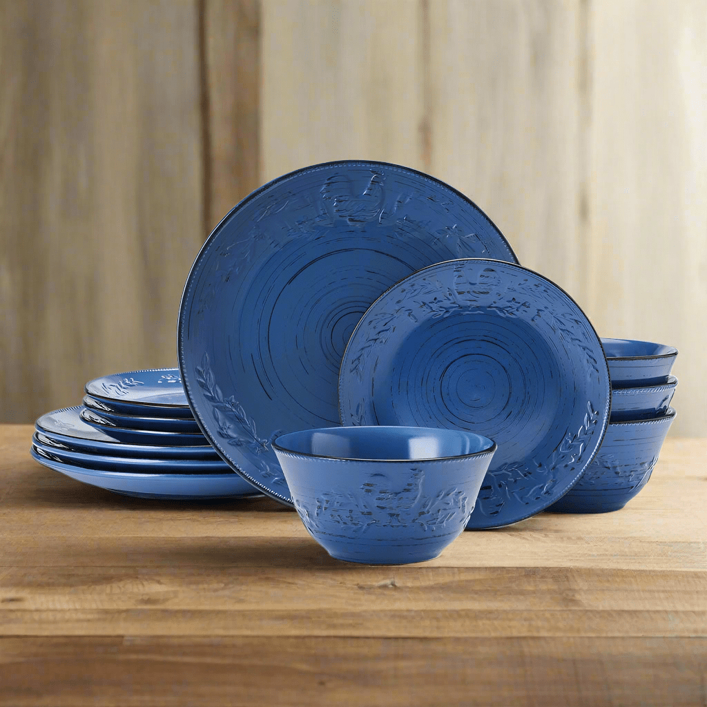 Trellis Rooster Blue 12 Piece Set. Service for 4
