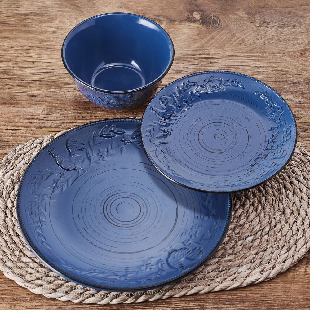 Trellis Rooster Blue 12 Piece Set. Service for 4
