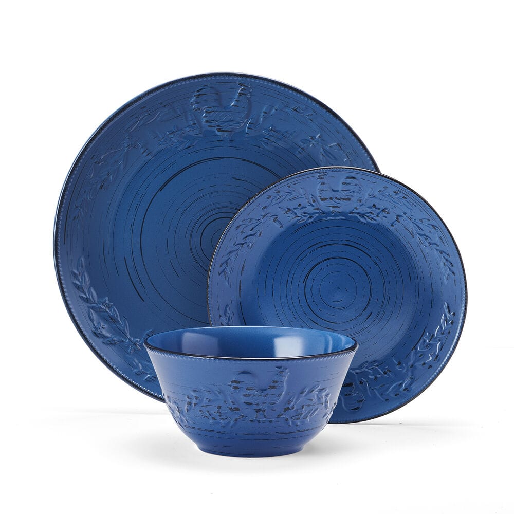 Trellis Rooster Blue 12 Piece Set. Service for 4