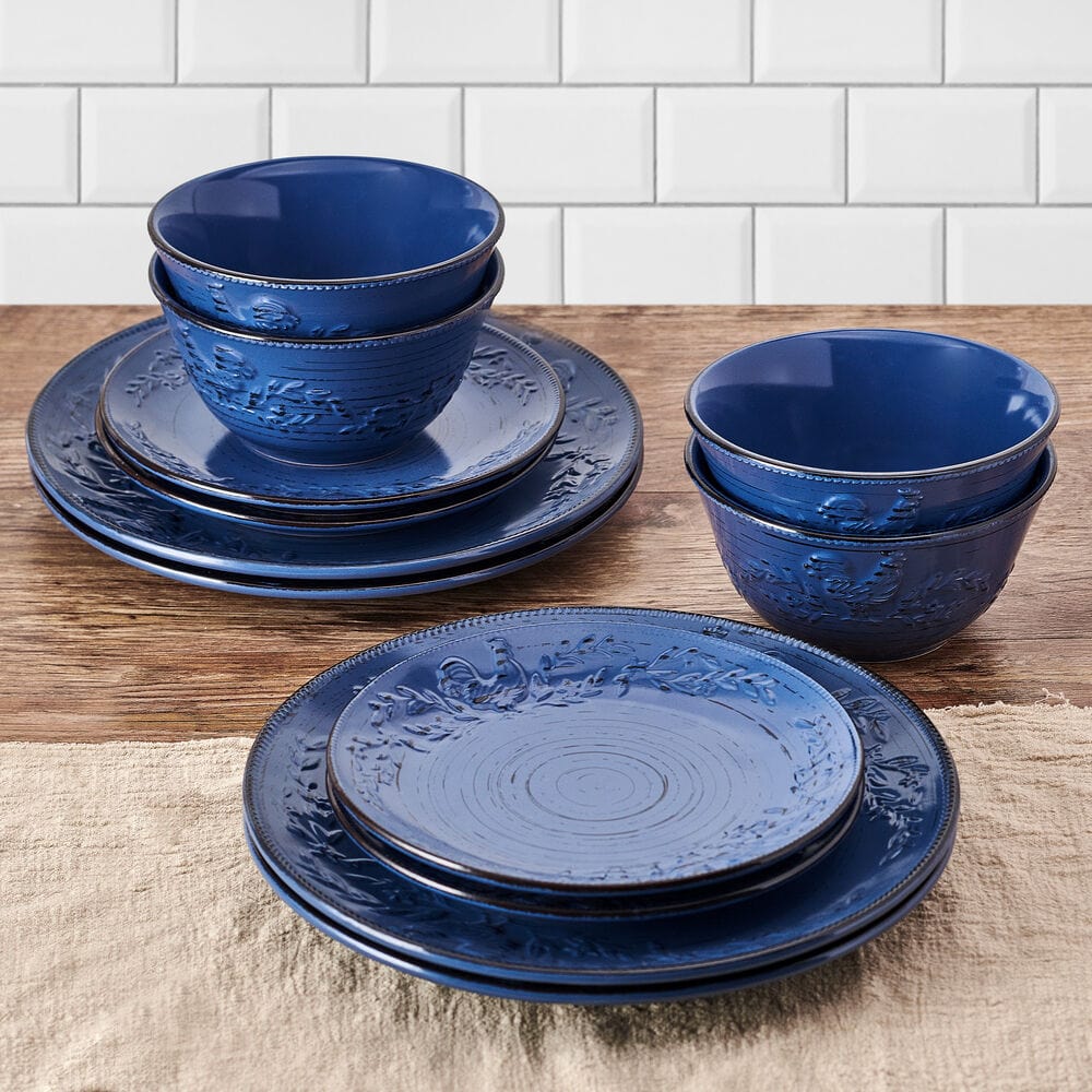Trellis Rooster Blue 12 Piece Set. Service for 4