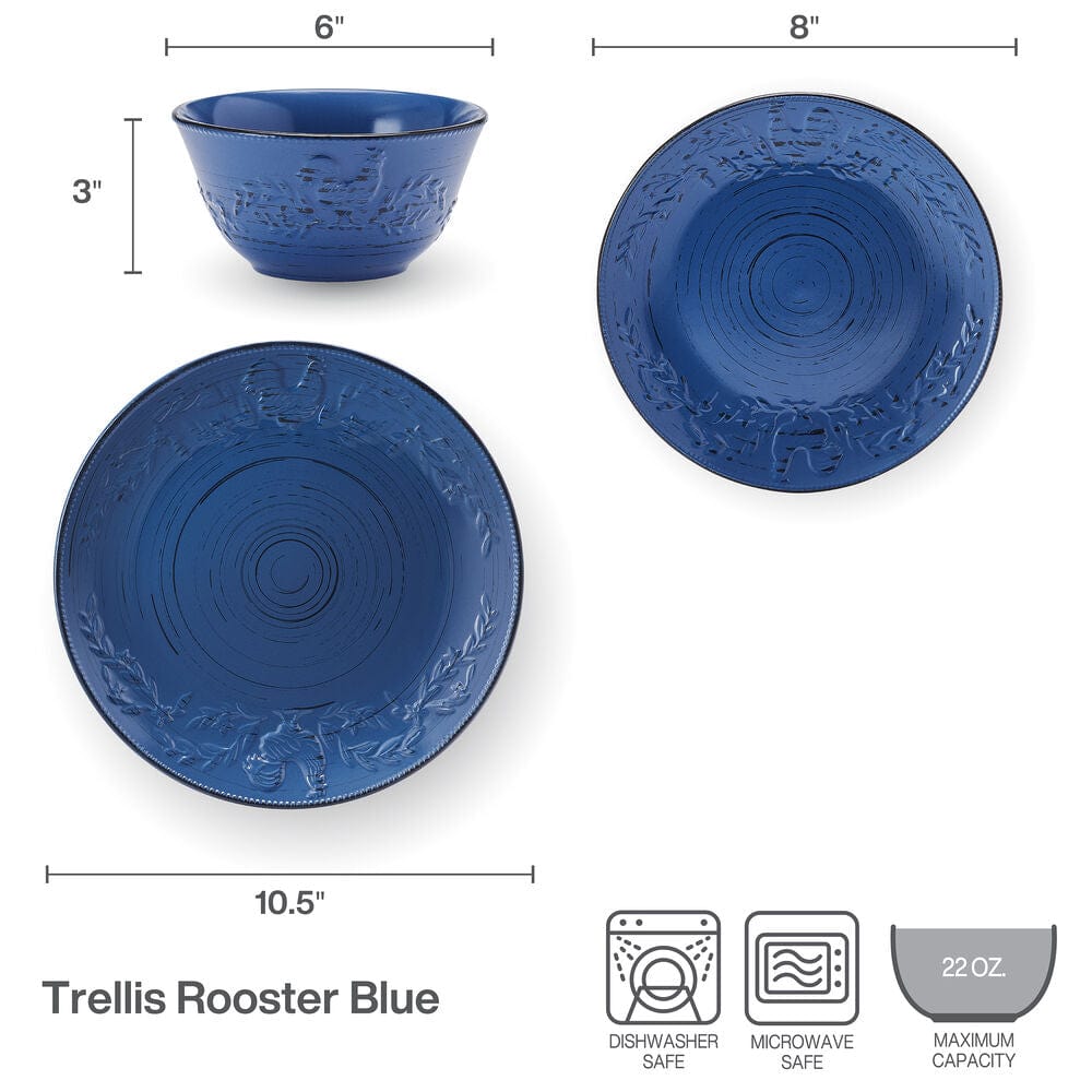 Trellis Rooster Blue 12 Piece Set. Service for 4