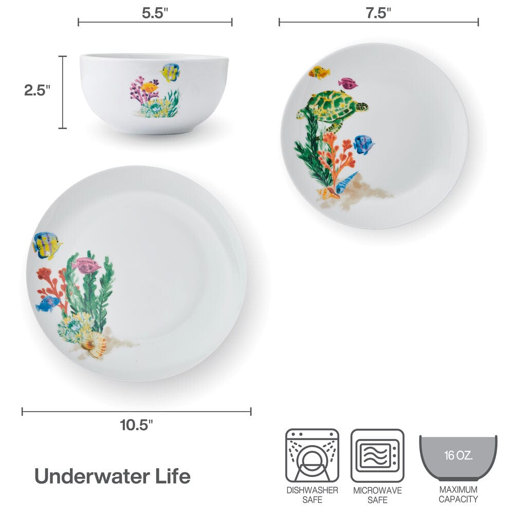Underwater Life 12 Piece Dinnerware Set. Service for 4