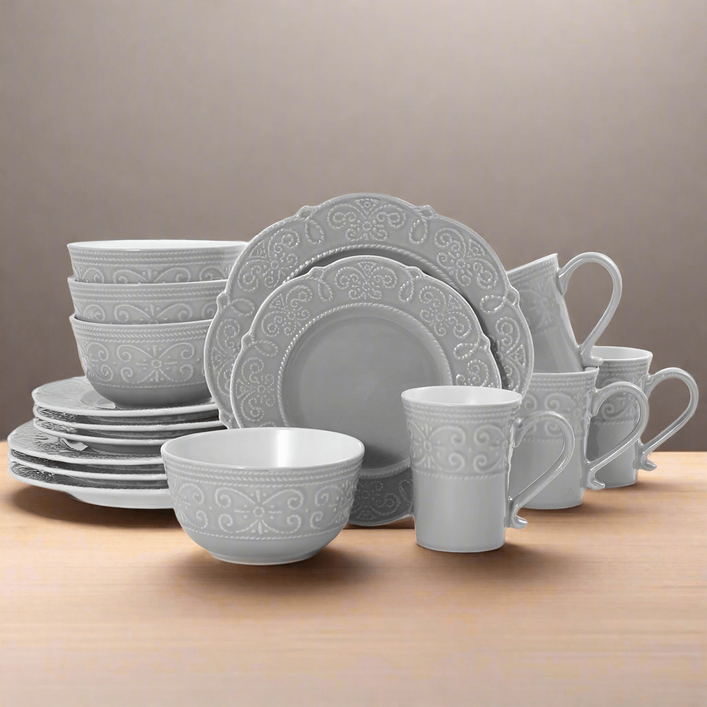 Abby Gray 16 Piece Dinnerware Set. Service for 4