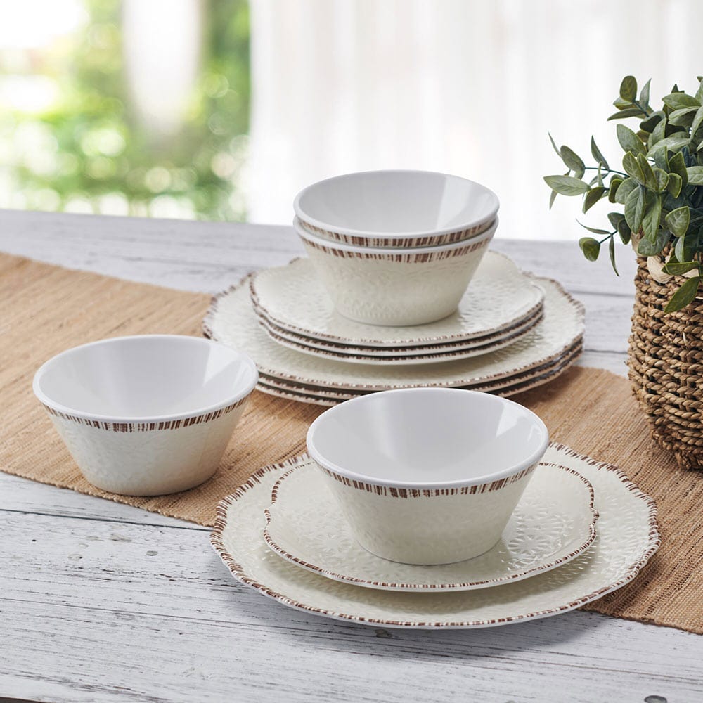 Chateau Cream 12 Piece Outdoor Melamine Dinnerware Set. Service for 4