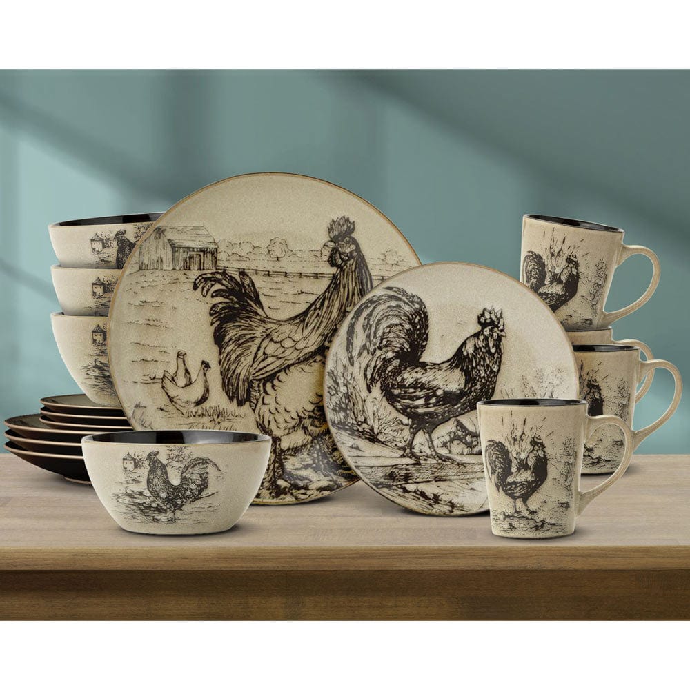 Homespun Rooster 16 Piece Dinnerware Set. Service for 4