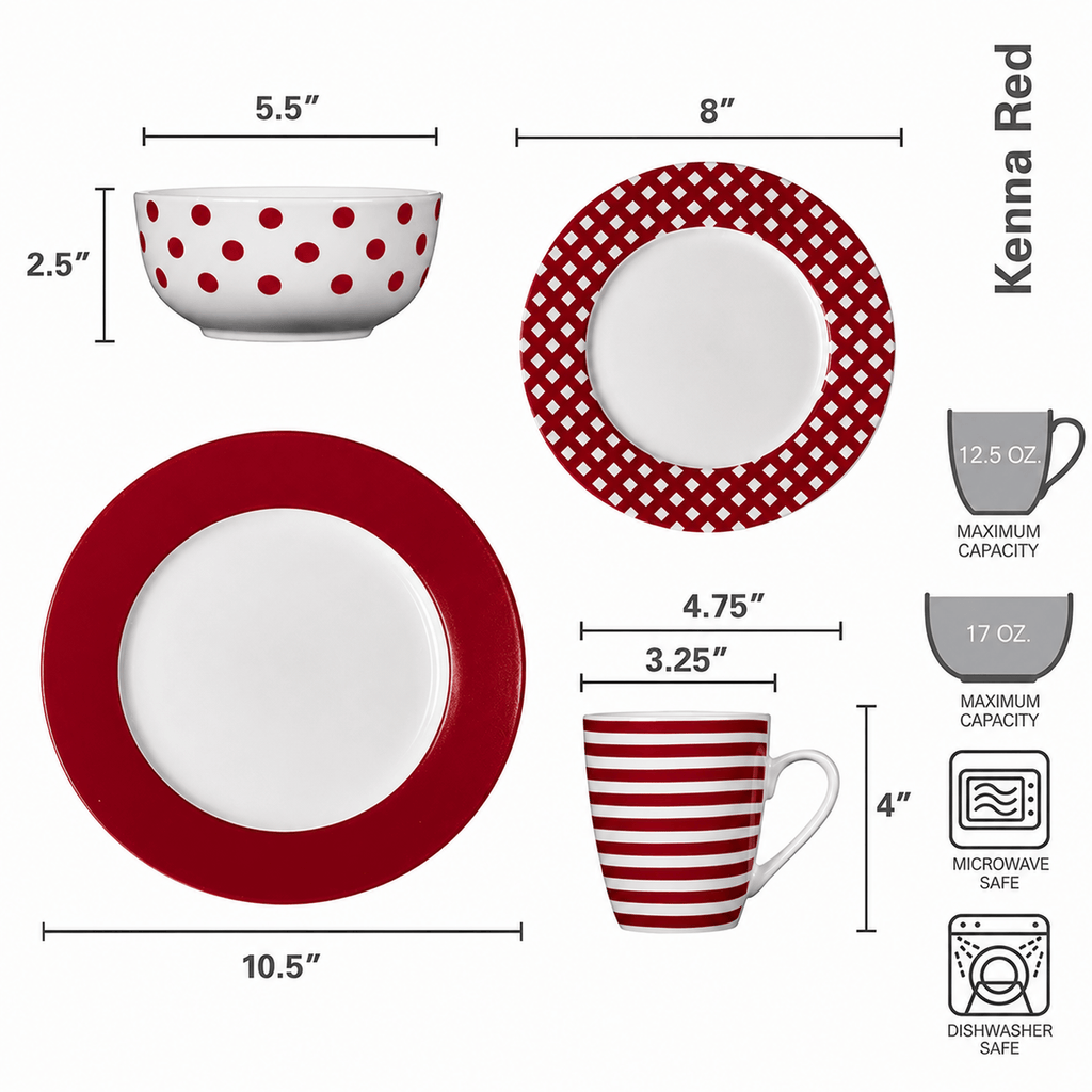 Kenna Red 16 Piece Dinnerware Set. Service for 4