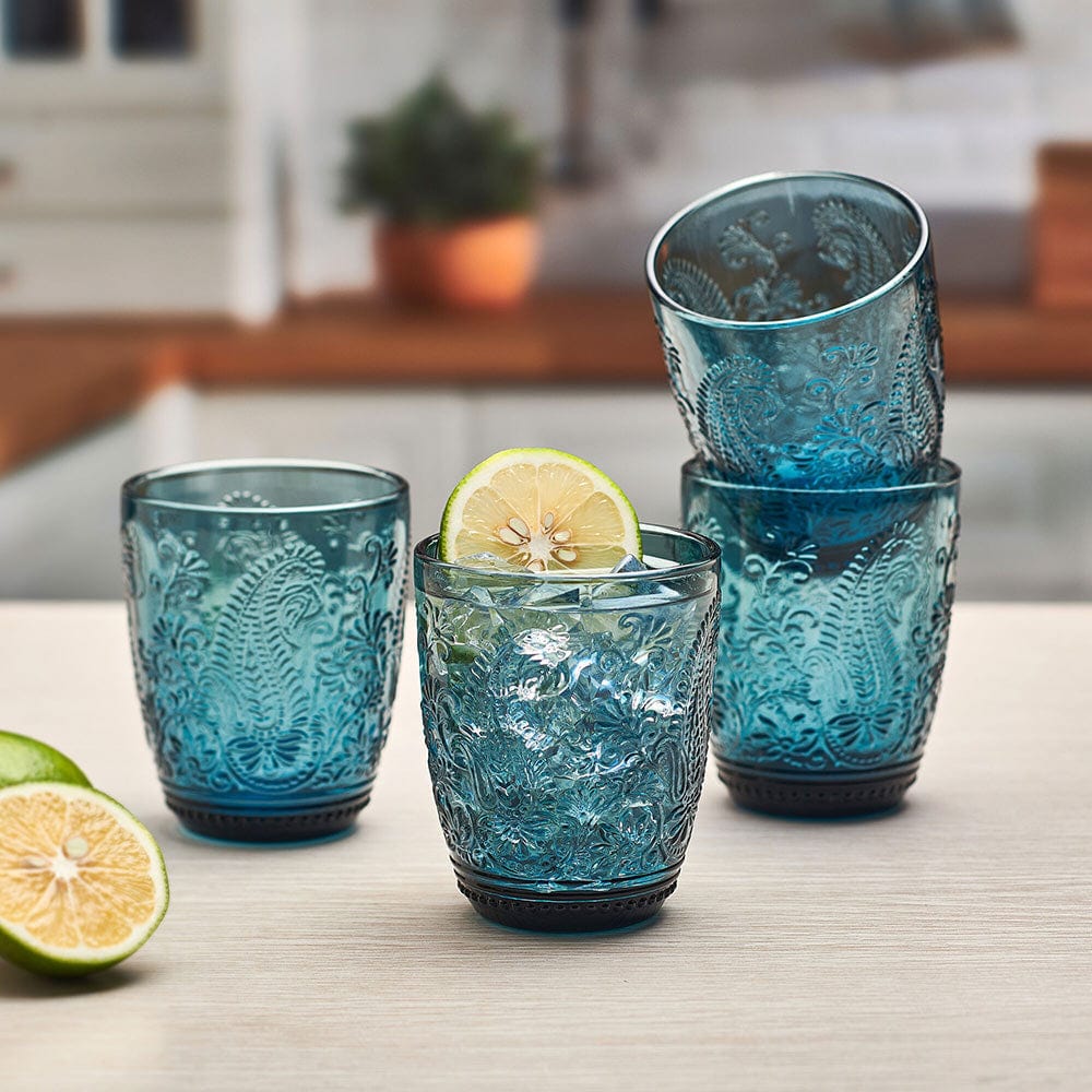 Fitz and Floyd Maddi Double Old Fashioned Glasses Set of 4. Indigo