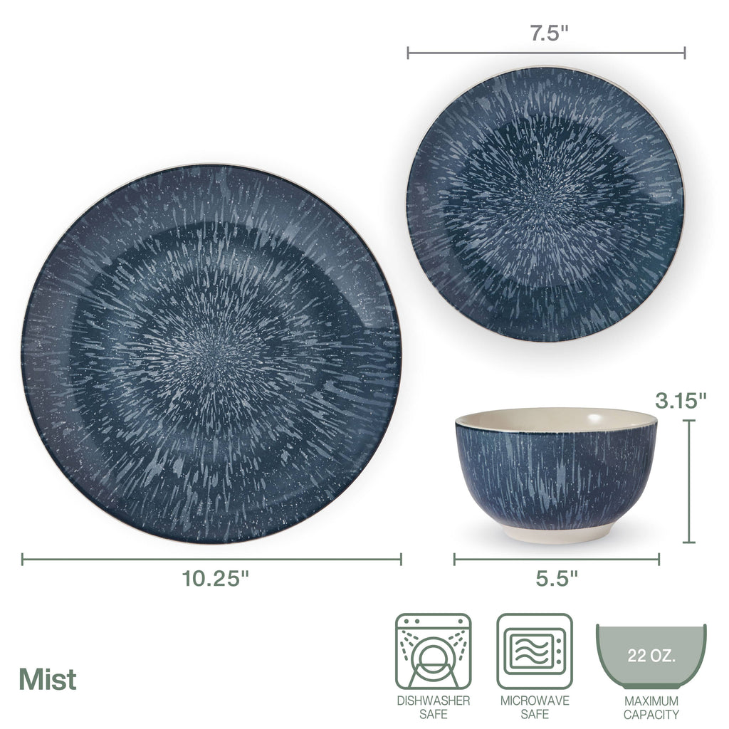 Mist 12 Piece Dinnerware Set. Service for 4