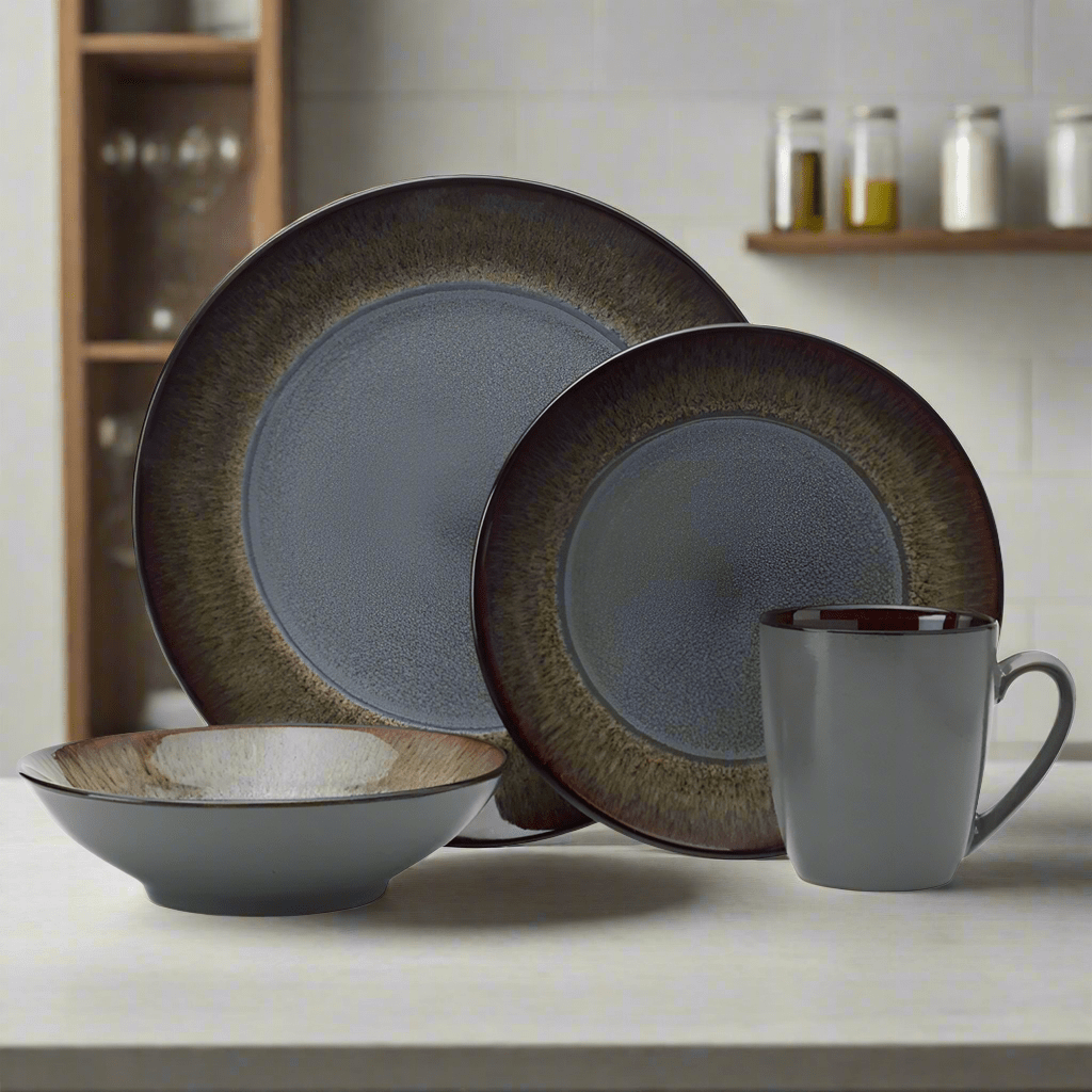 Monroe Gray 16 Piece Dinnerware Set. Service for 4