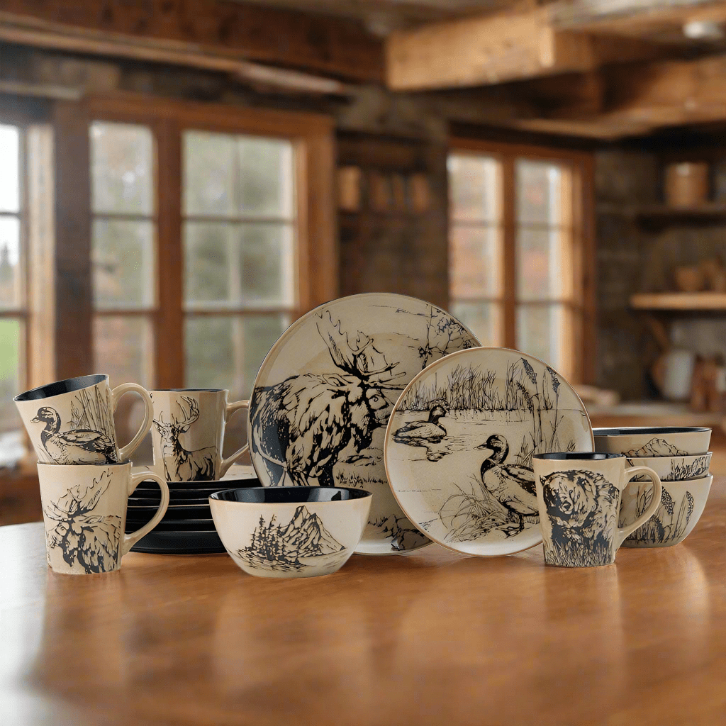 Mossy Oak Animal Print 16 Piece Dinnerware Set. Service for 4