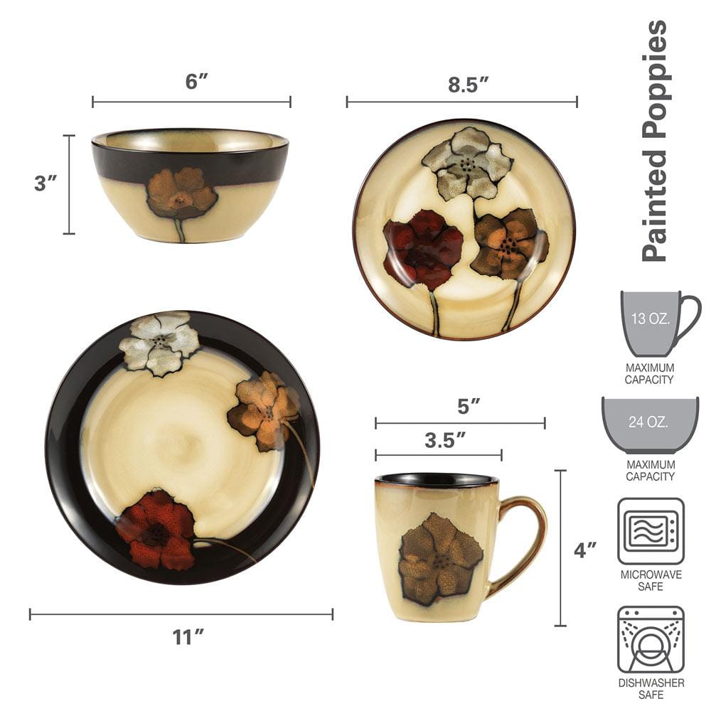 Painted Poppies 32 Piece Dinnerware Set. Service for 8