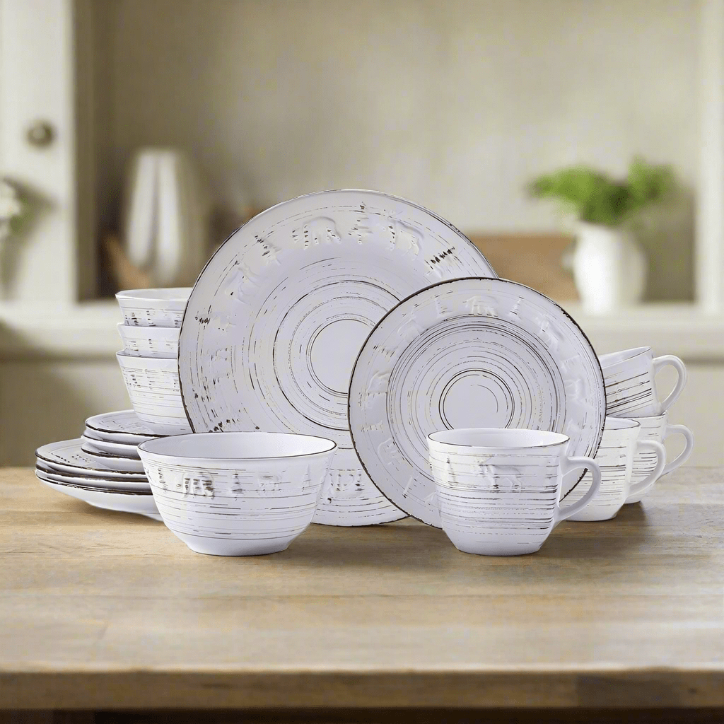 Trellis Lodge White 16 Piece Dinnerware Set. Service for 4