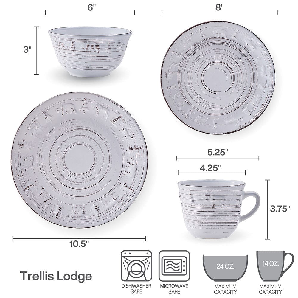 Trellis Lodge White 16 Piece Dinnerware Set. Service for 4