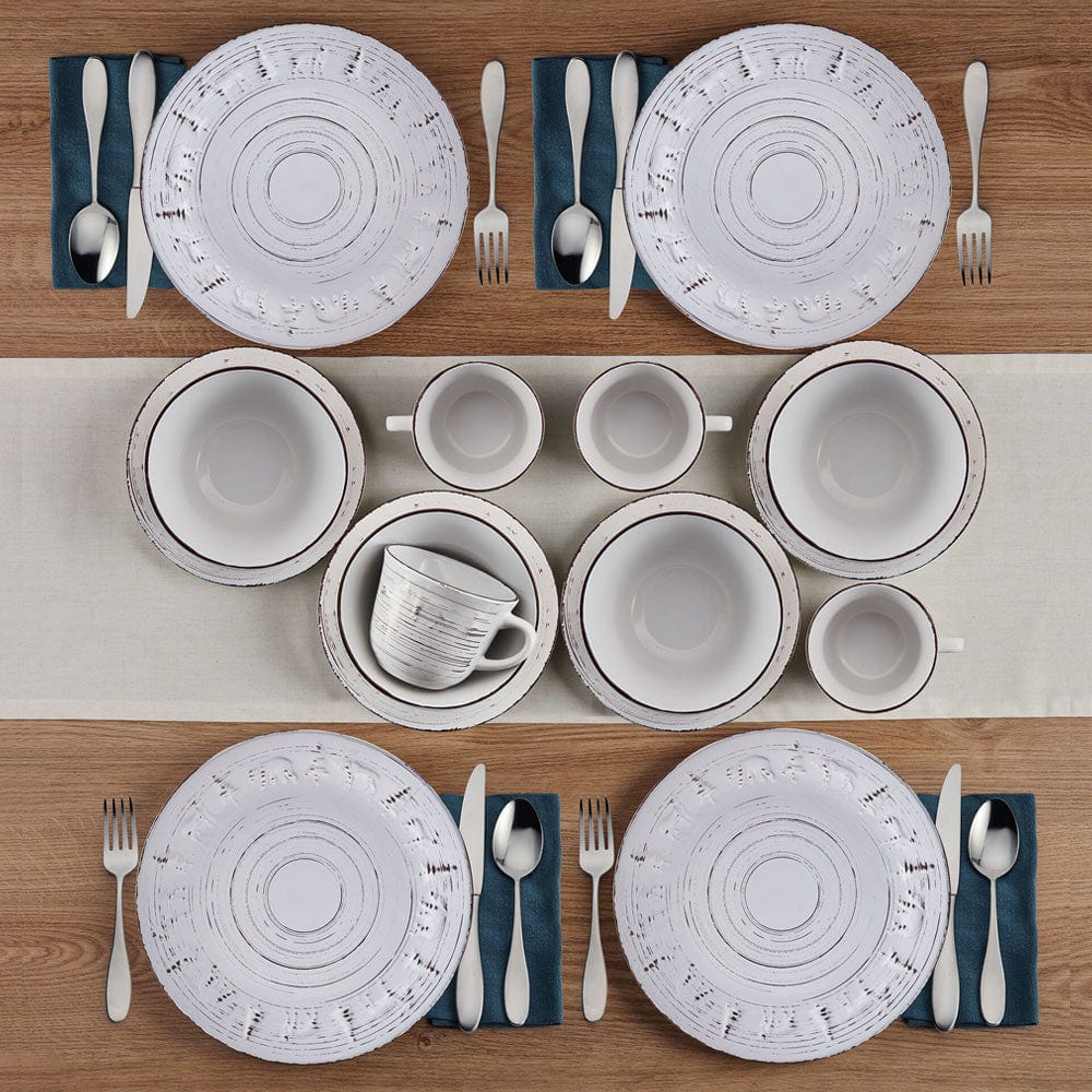 Trellis Lodge White 16 Piece Dinnerware Set. Service for 4