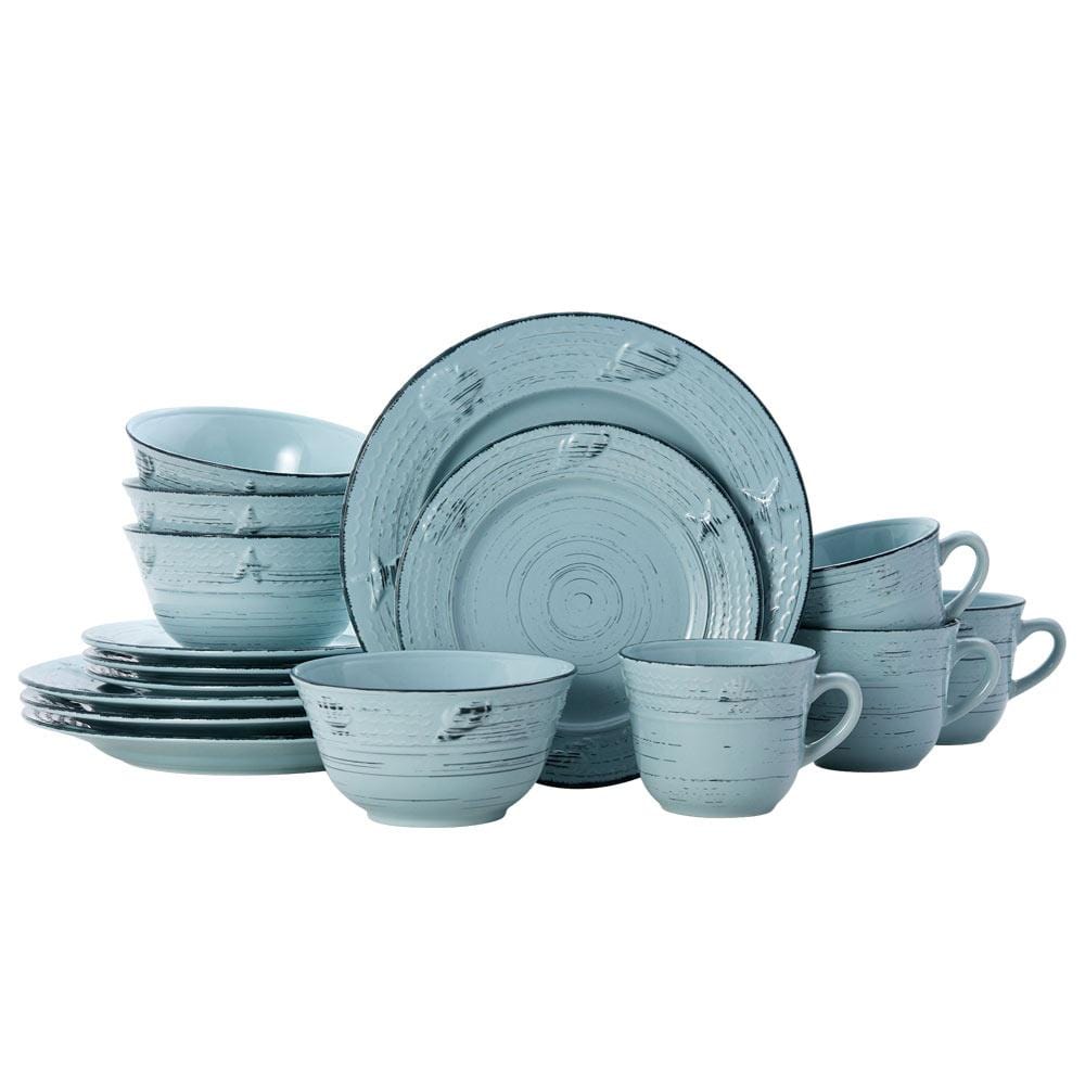 Trellis Coastal Teal 16 Piece Dinnerware Set. Service for 4