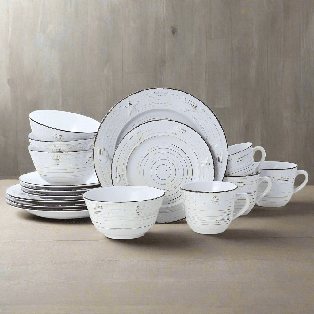 Trellis Coastal White 16 Piece Dinnerware Set. Service for 4