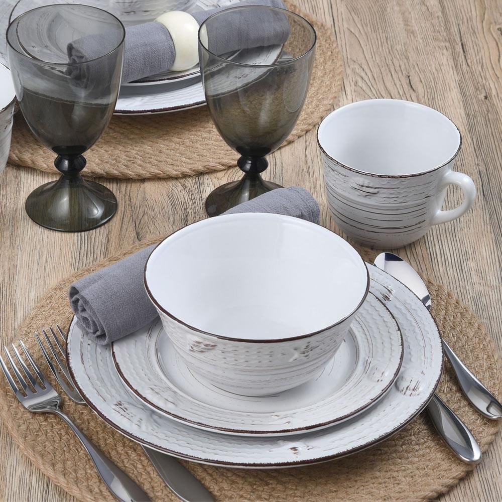 Trellis Coastal White 16 Piece Dinnerware Set. Service for 4